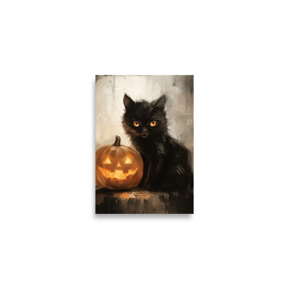 Black Cat and Pumpkin Halloween Portrait Poster