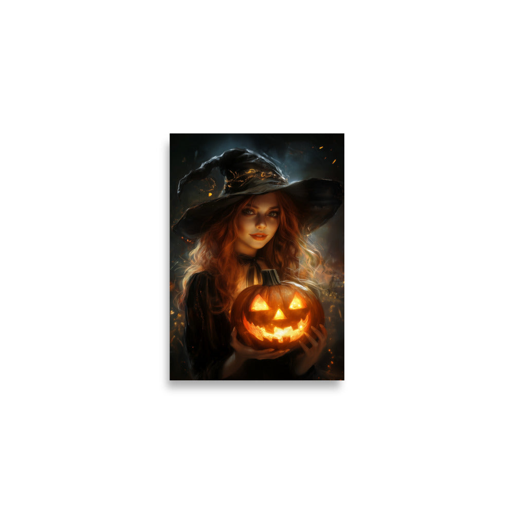 Beautiful Redhead Witch Holding Carved Pumpkin Poster