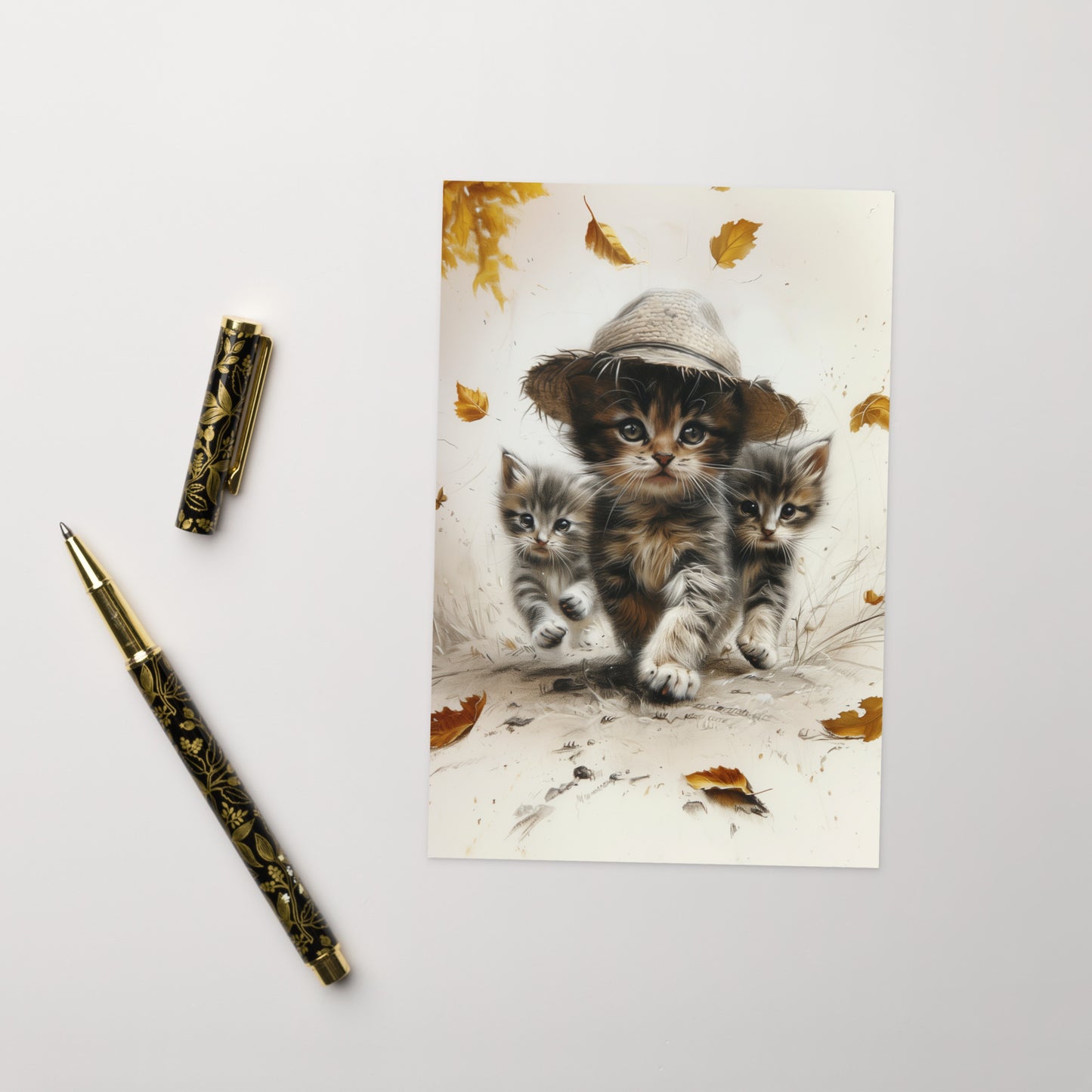 Three kittens autumn explorers Greeting card