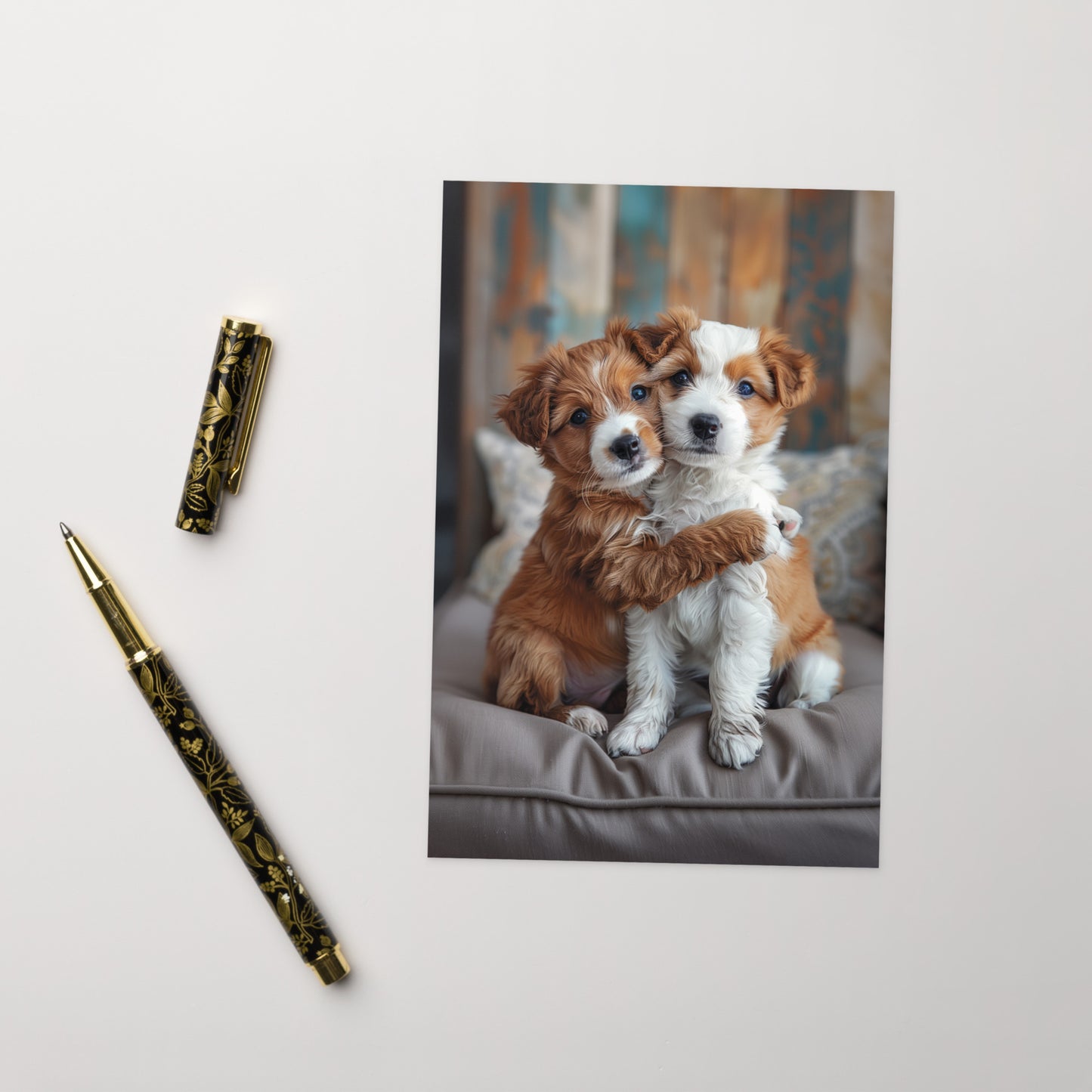 Two puppies hugging Greeting card