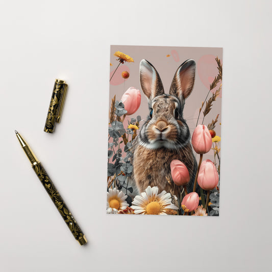 Lapin en portrait et fleurs roses - Carte de vœux