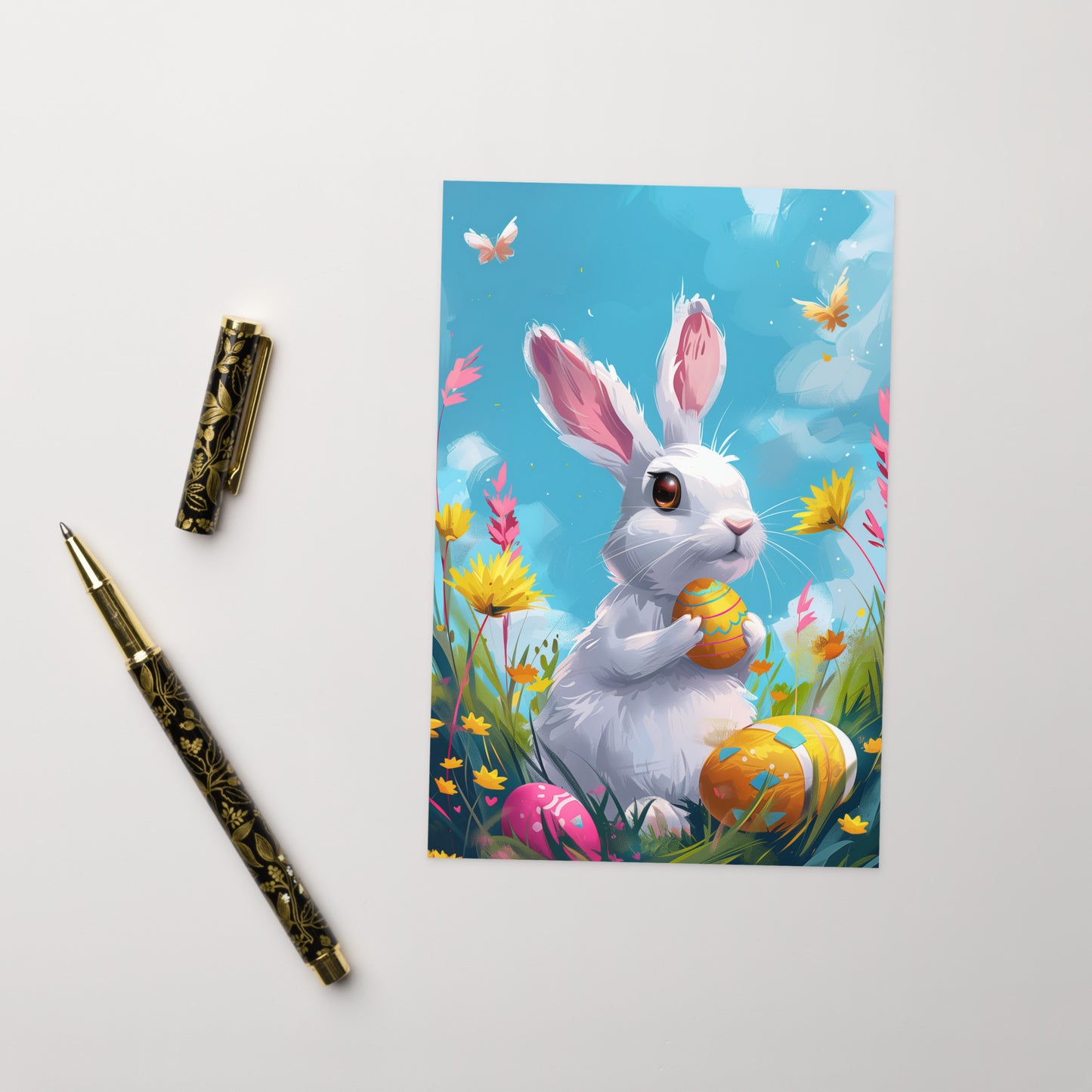 White bunny in colorful Easter field Greeting card