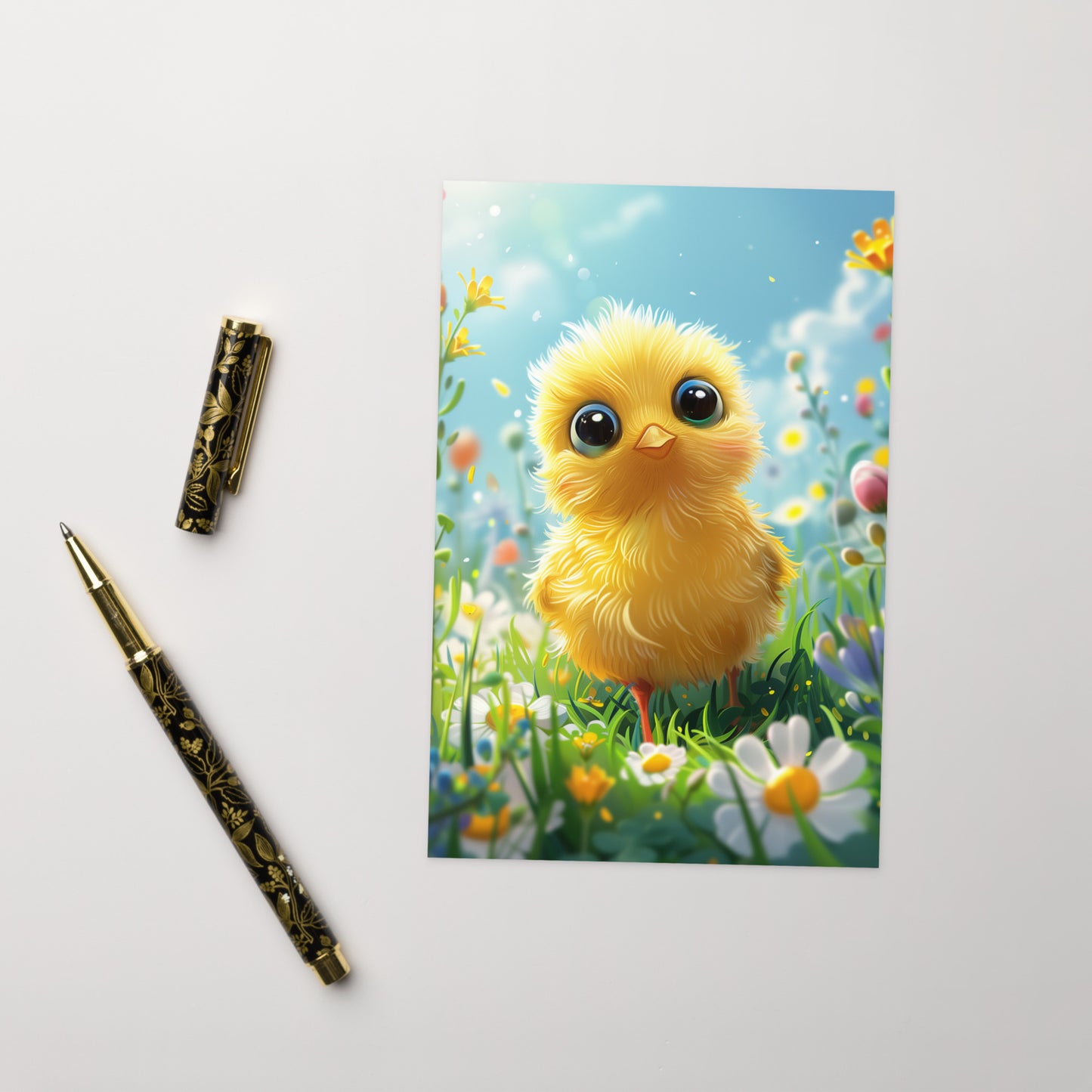 Cartoon yellow chick in flower field Greeting card