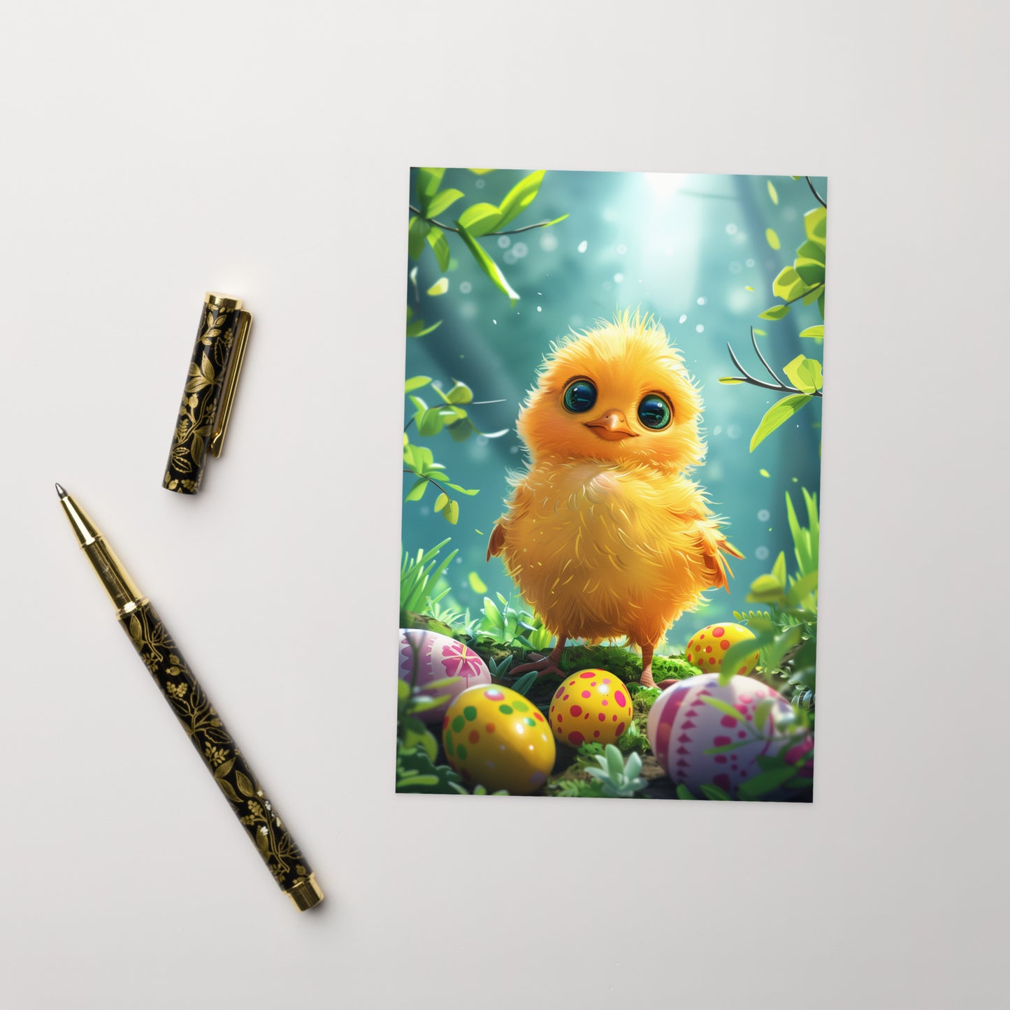 Cartoon yellow chick in Easter forest Greeting card