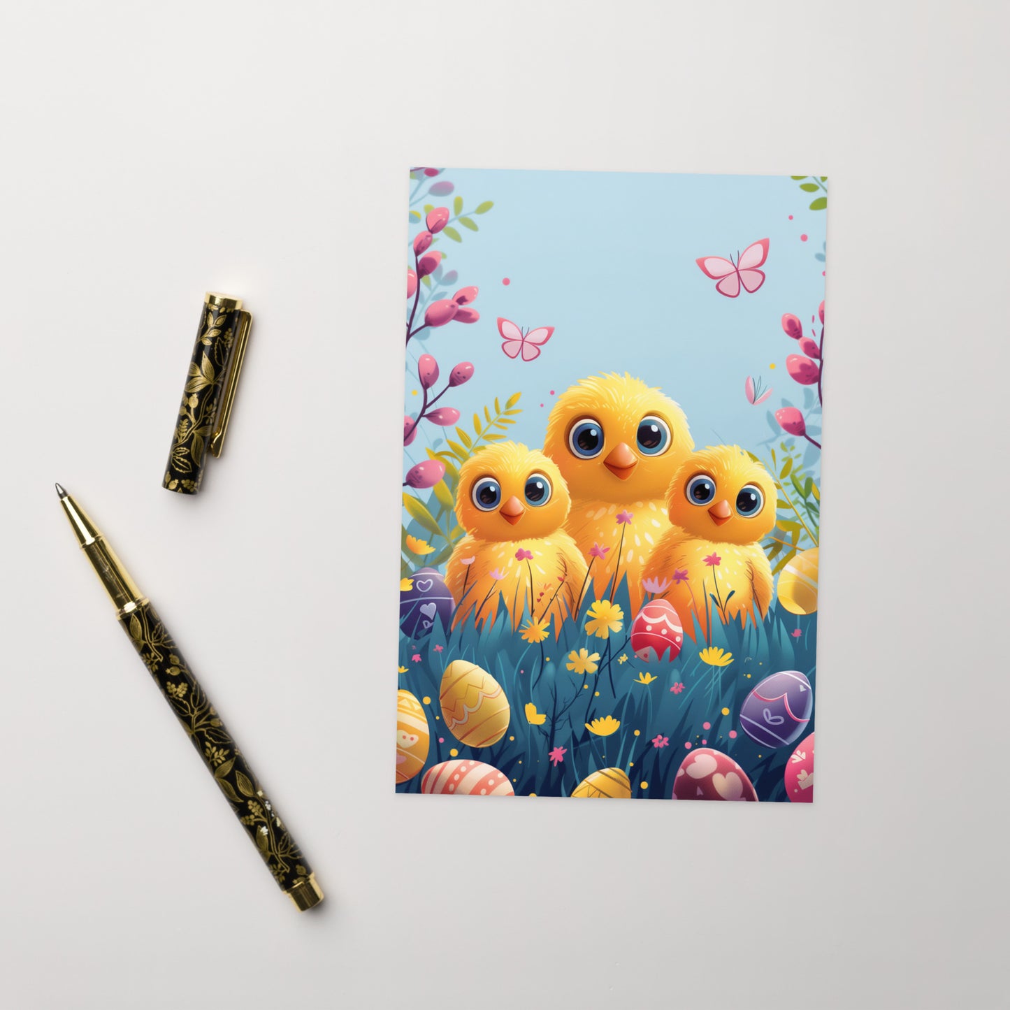 Three cartoon yellow chicks for Easter Greeting card