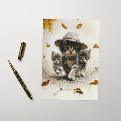 Three kittens autumn explorers Greeting card