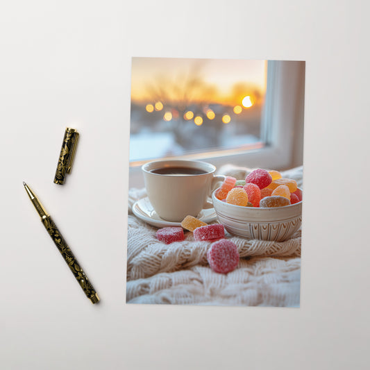 Coffee and jellies by the window Greeting card