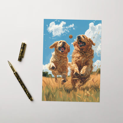 Two golden dogs playing Greeting card