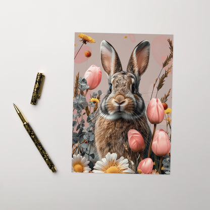 Lapin en portrait et fleurs roses - Carte de vœux