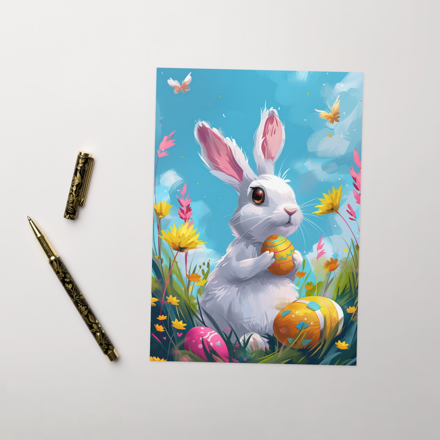 White bunny in colorful Easter field Greeting card