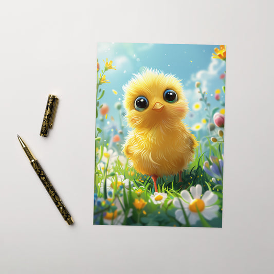 Cartoon yellow chick in flower field Greeting card