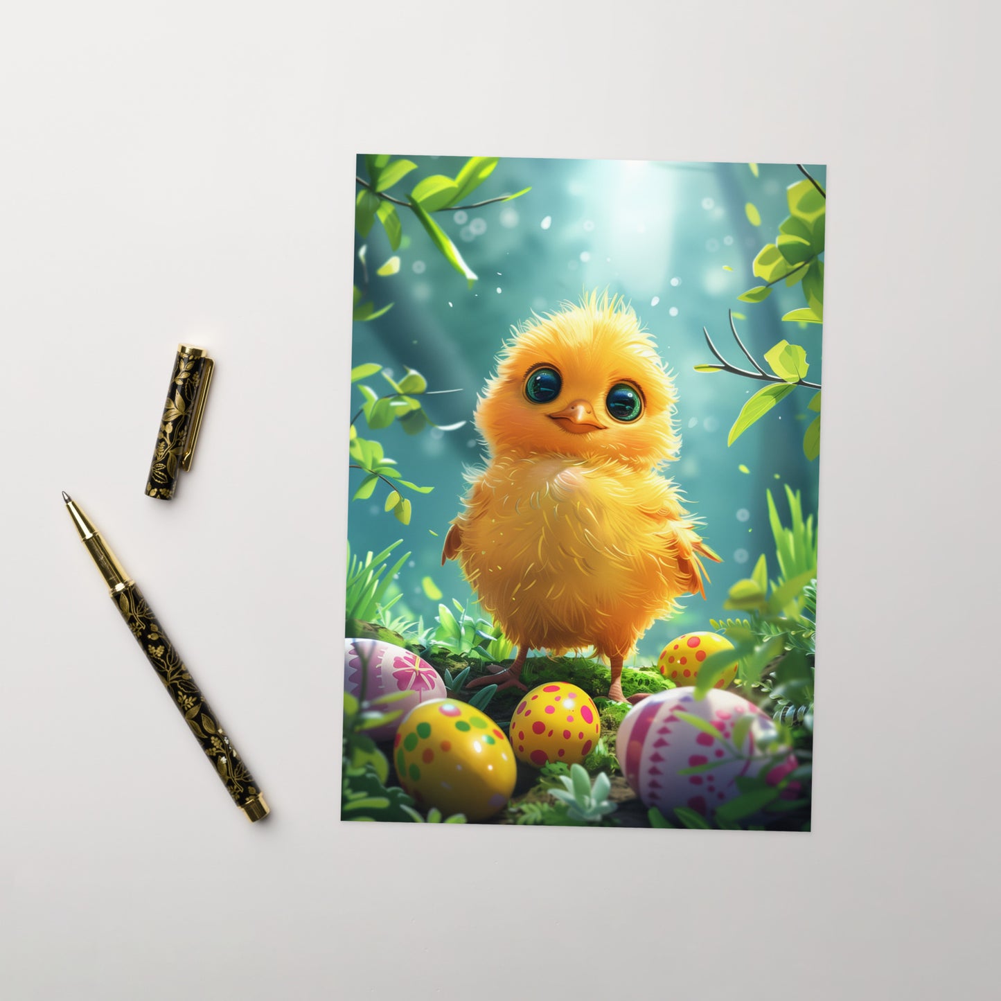 Cartoon yellow chick in Easter forest Greeting card