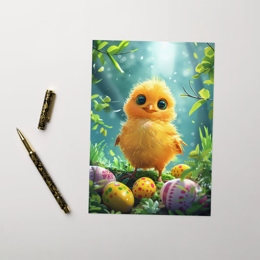 Cartoon yellow chick in Easter forest Greeting card