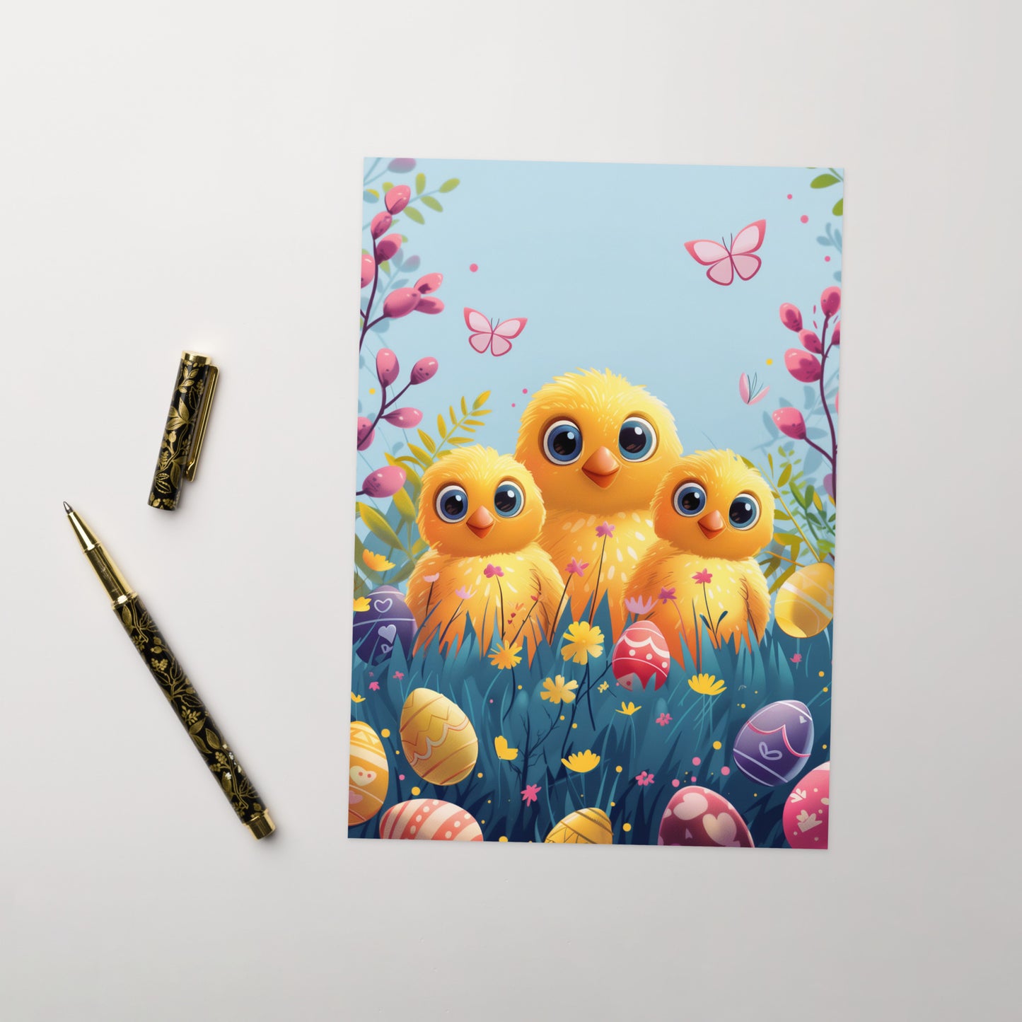 Three cartoon yellow chicks for Easter Greeting card