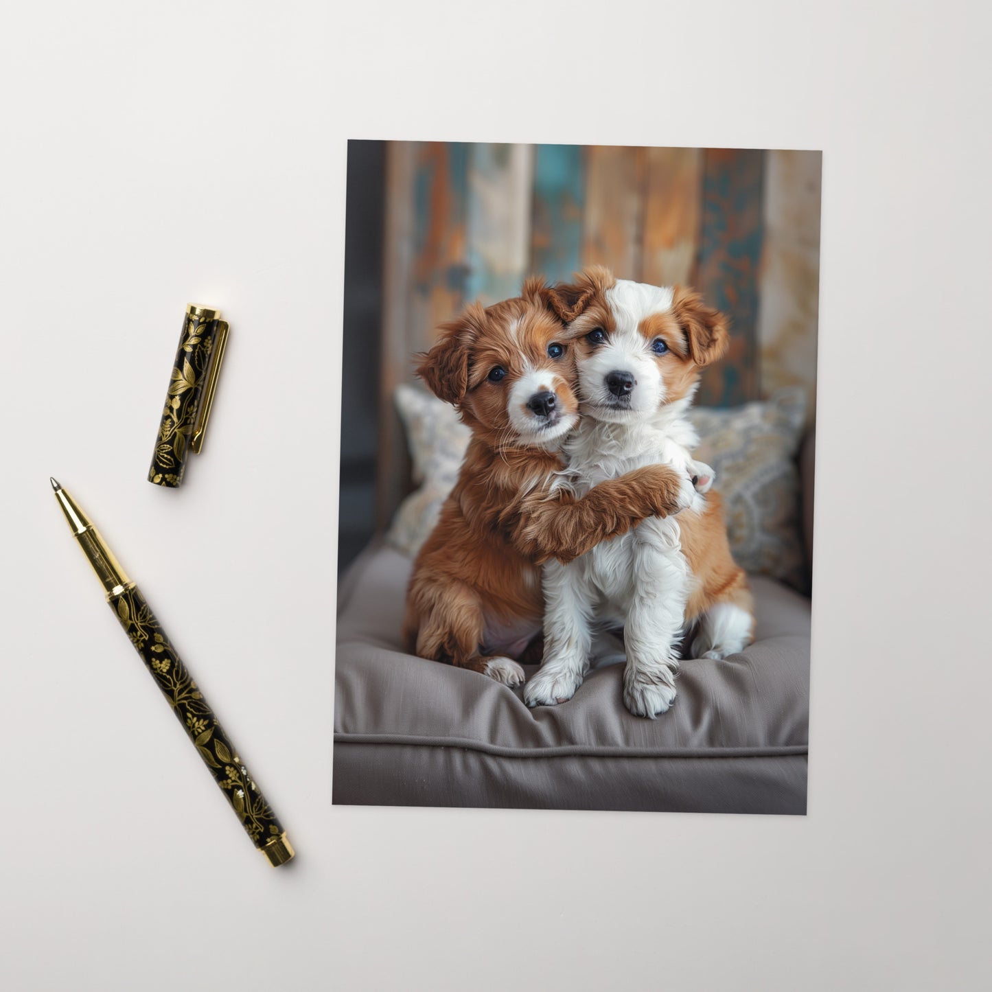 Two puppies hugging Greeting card