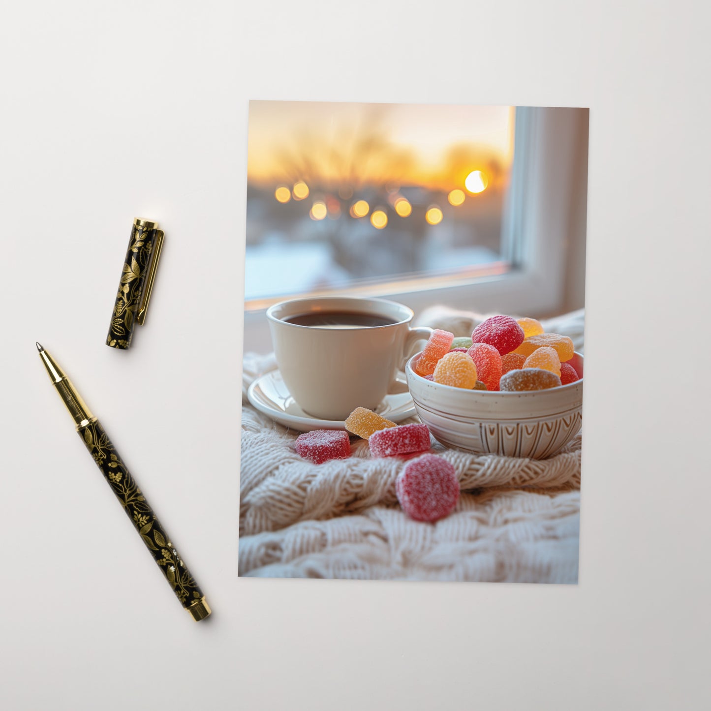 Coffee and jellies by the window Greeting card