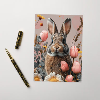 Lapin en portrait et fleurs roses - Carte de vœux