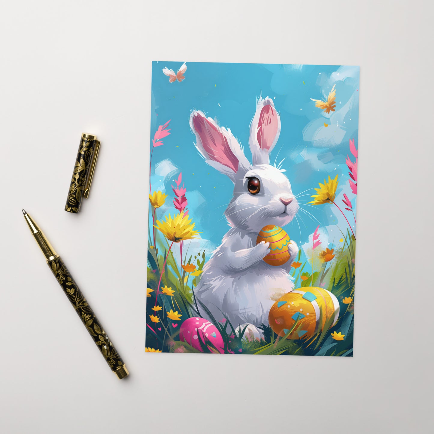 White bunny in colorful Easter field Greeting card