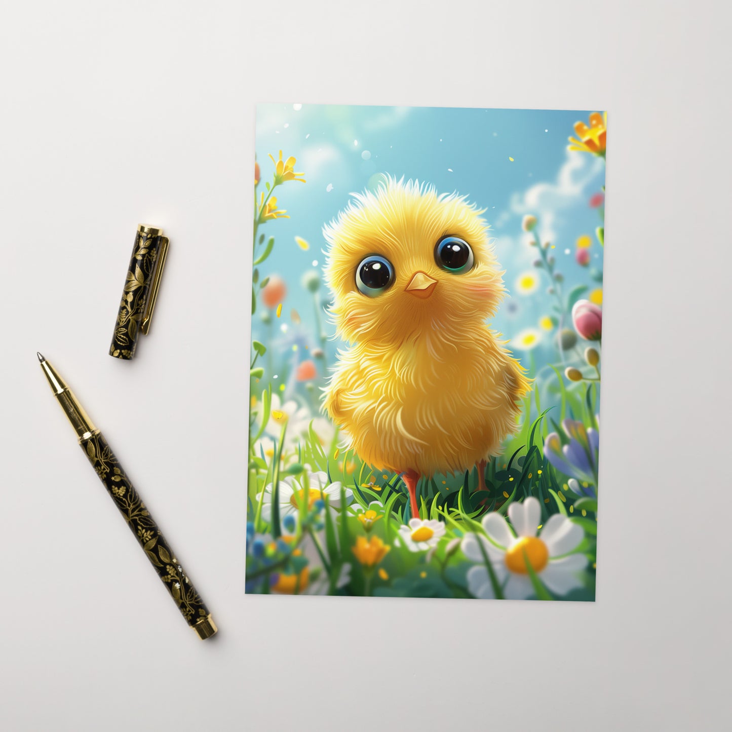 Cartoon yellow chick in flower field Greeting card