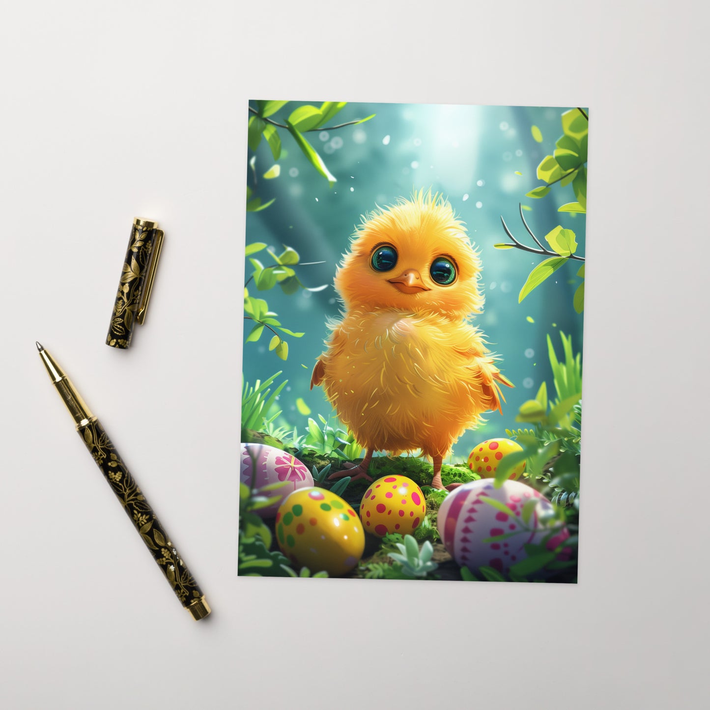 Cartoon yellow chick in Easter forest Greeting card