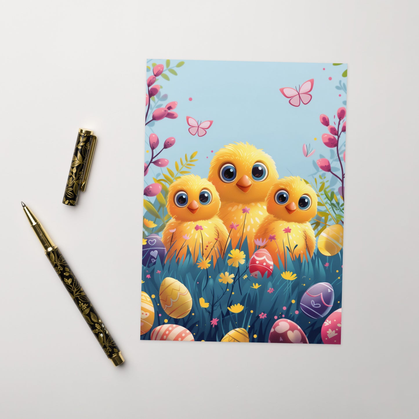 Three cartoon yellow chicks for Easter Greeting card