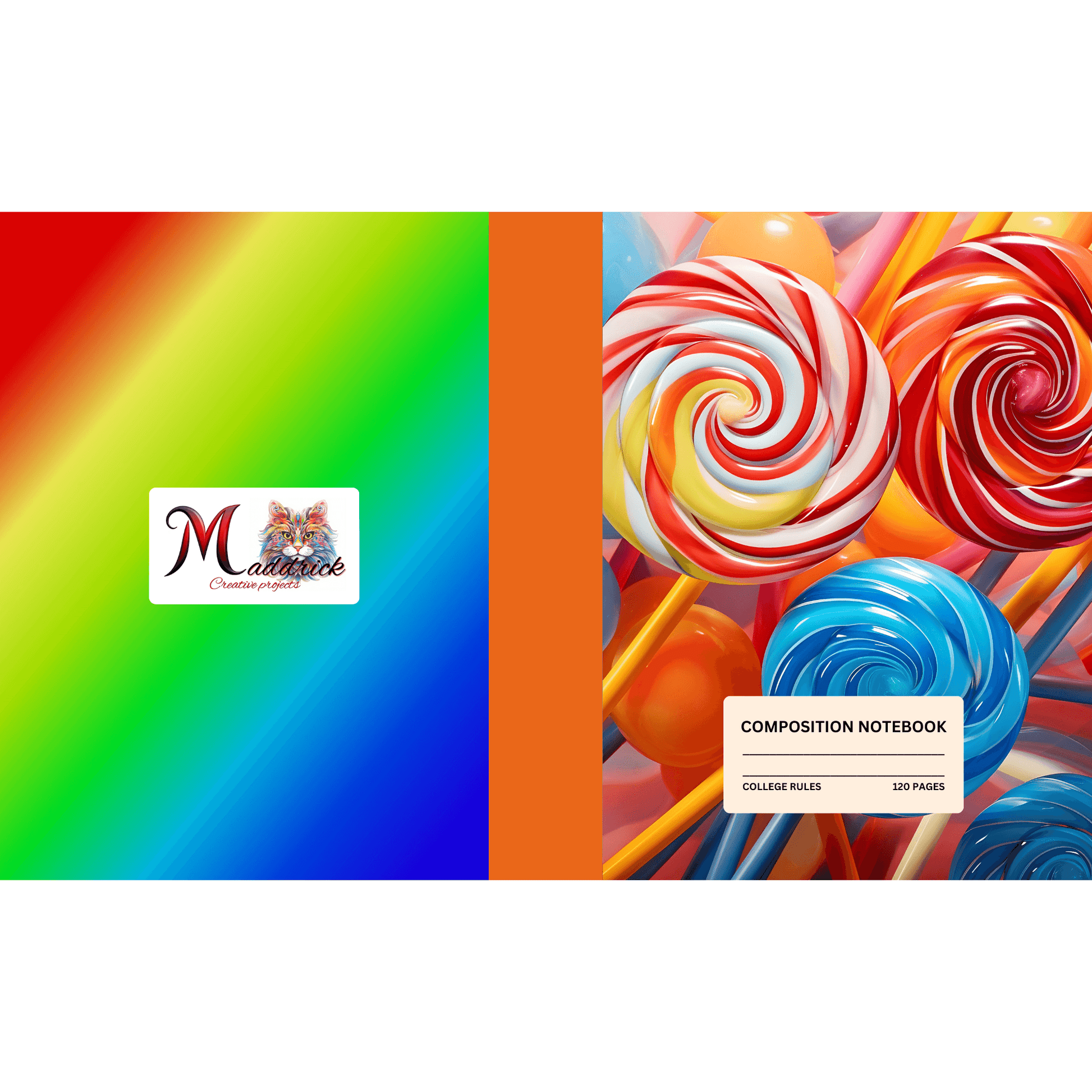 Composition Notebook: Colorful swirl pops candies with rainbow back cover | College ruled | 120 Pages lined | 7.5 x 9.25 inches - Maddrick