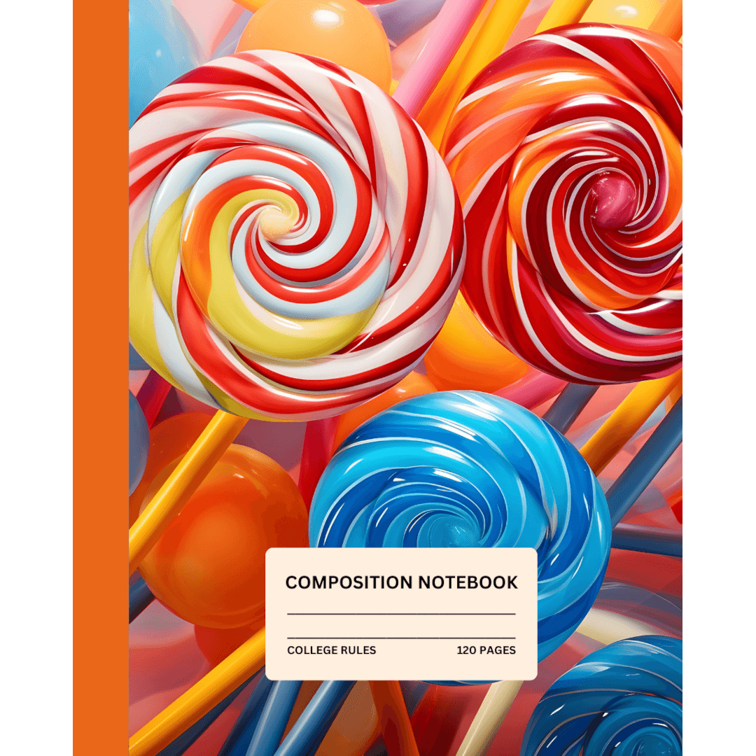 Composition Notebook: Colorful swirl pops candies with rainbow back cover | College ruled | 120 Pages lined | 7.5 x 9.25 inches - Maddrick