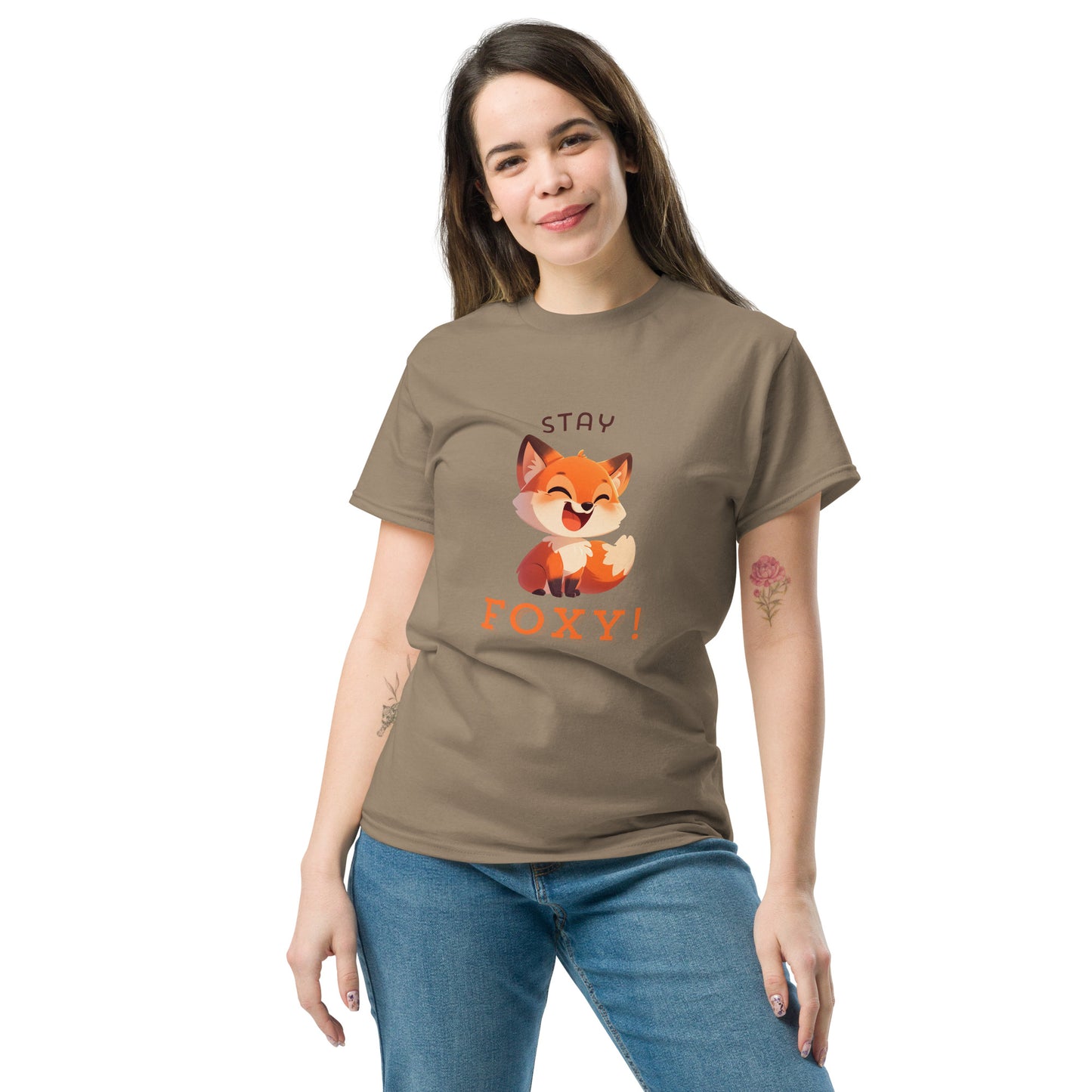 Restez foxy dessin animé renard roux Tee-shirt classique unisexe