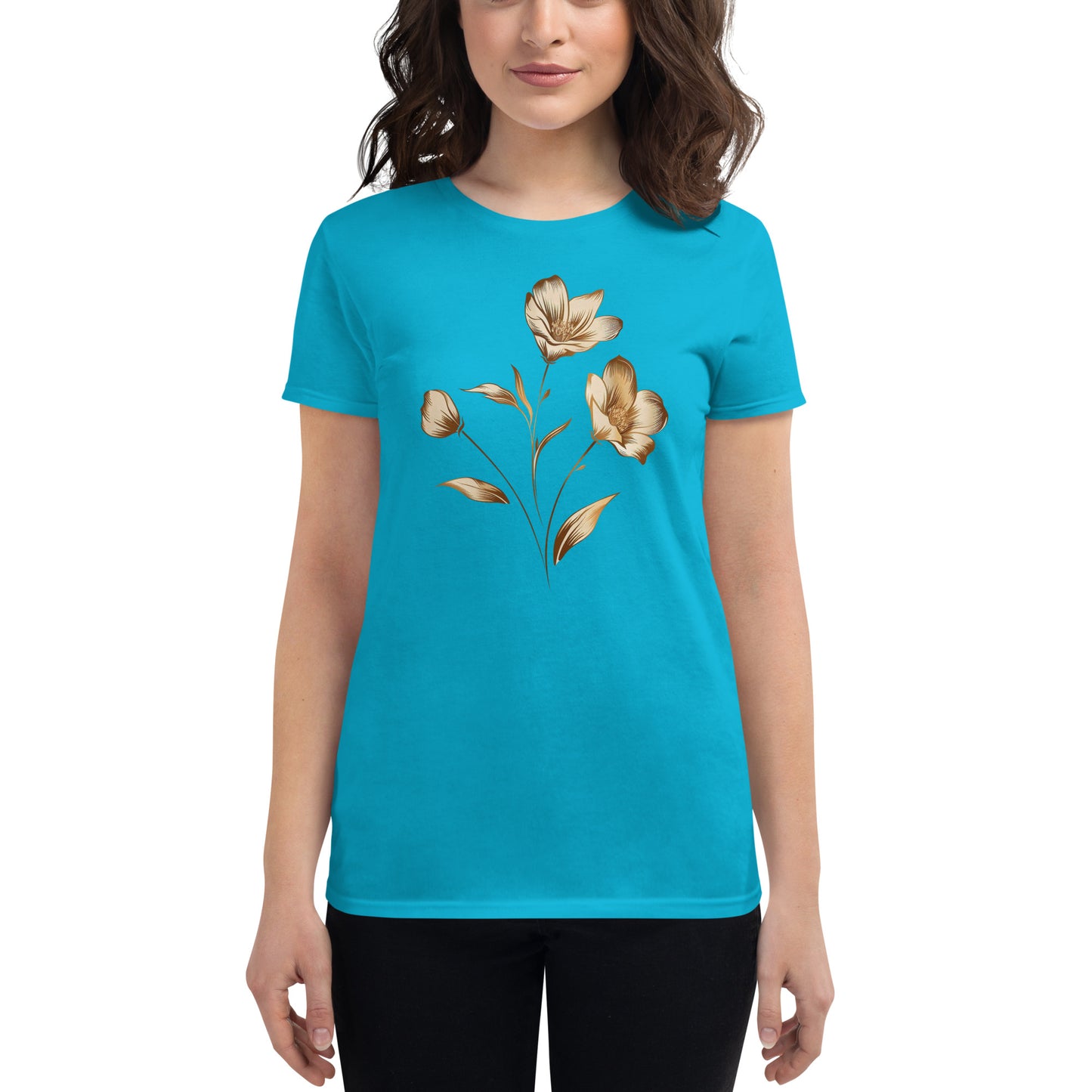 T-shirt manches courtes femme bouquet de fleurs dorées