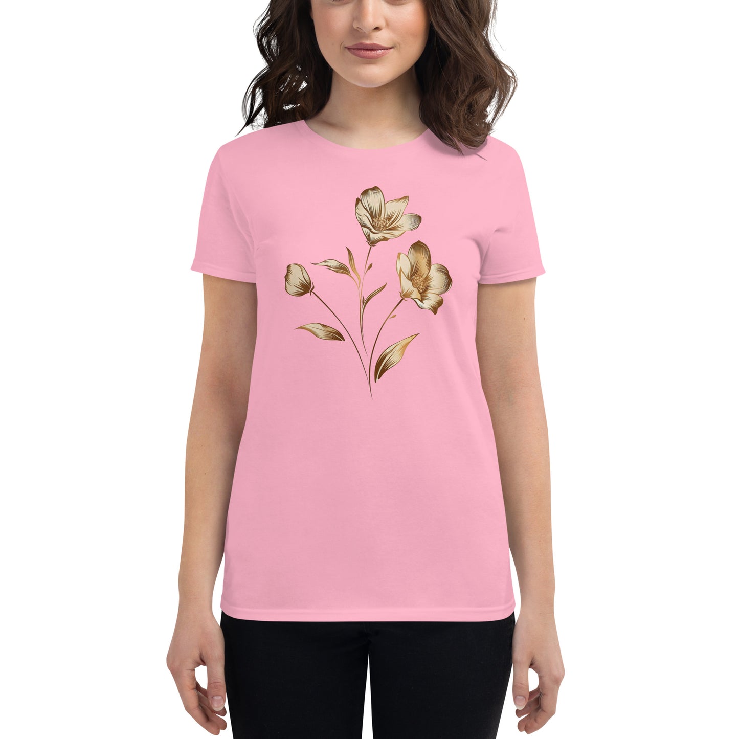 T-shirt manches courtes femme bouquet de fleurs dorées