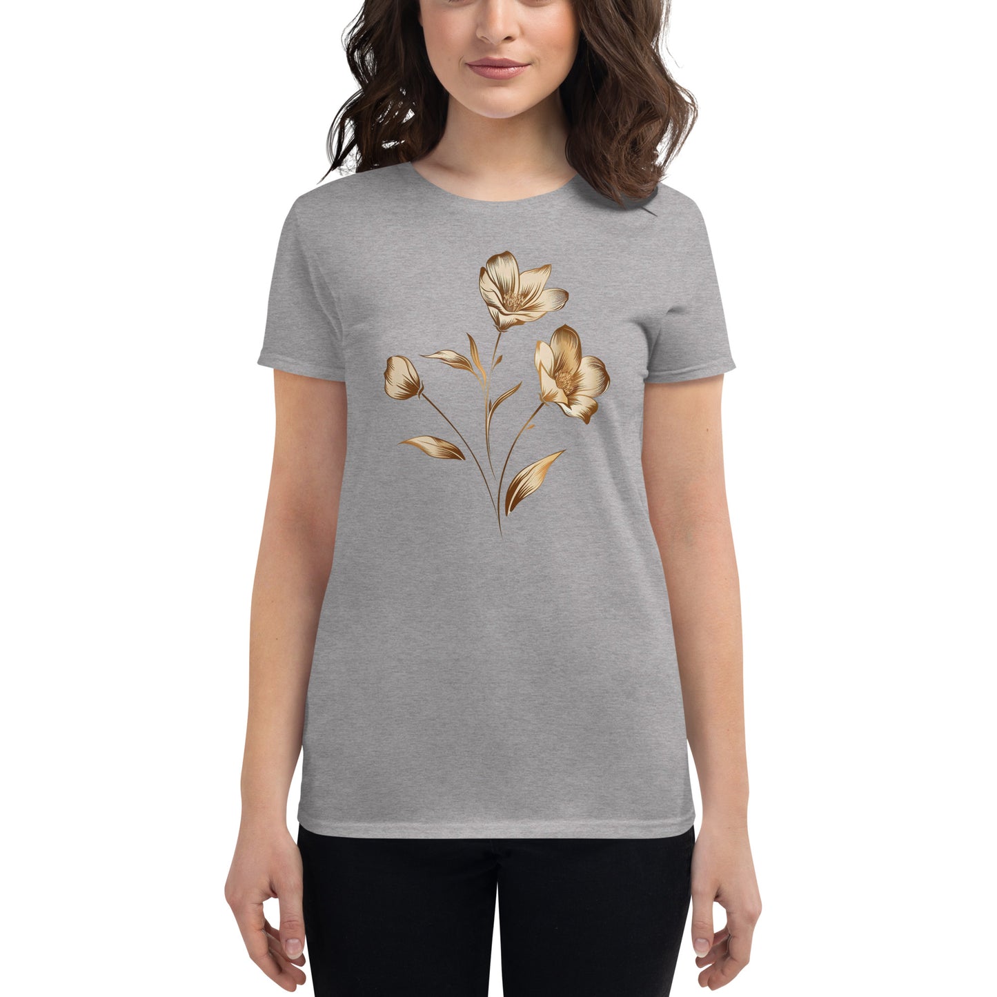 T-shirt manches courtes femme bouquet de fleurs dorées