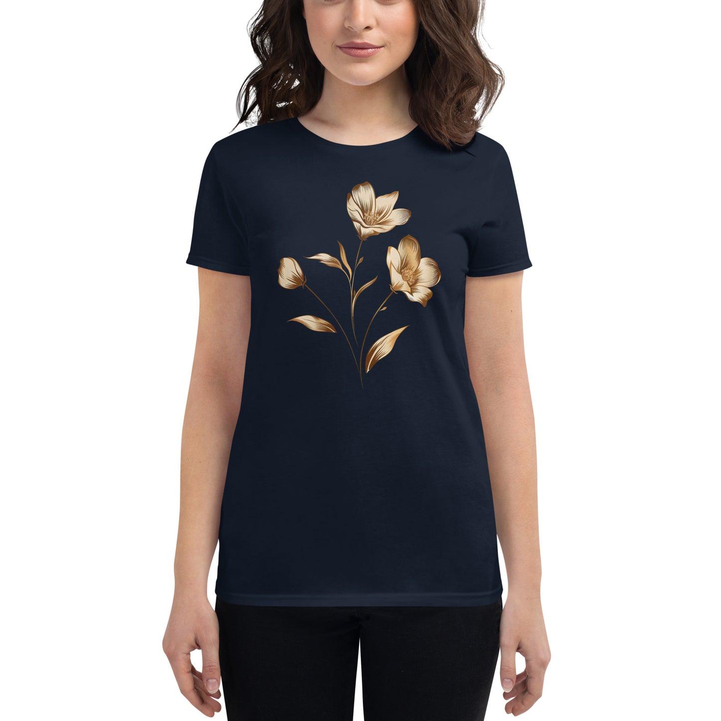 T-shirt manches courtes femme bouquet de fleurs dorées