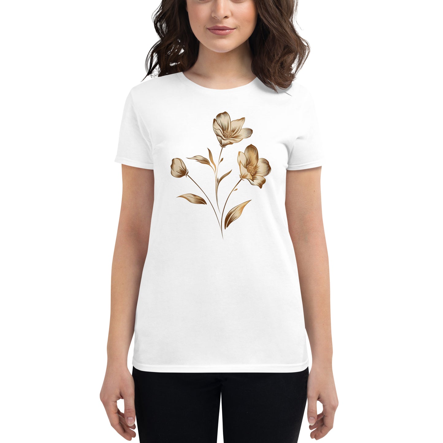 T-shirt manches courtes femme bouquet de fleurs dorées